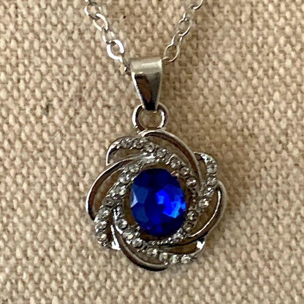 Sapphire CZ Pendant Necklace – CZ Floral Halo Setting – September Birthstone
